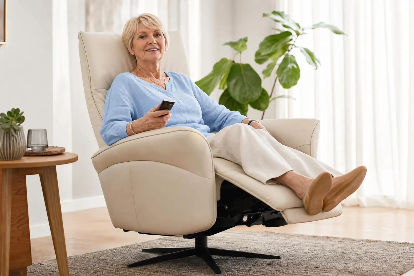 Vrouw ontspant in een crème elektrische relaxfauteuil met uitgeklapte voetsteun in een lichte woonkamer